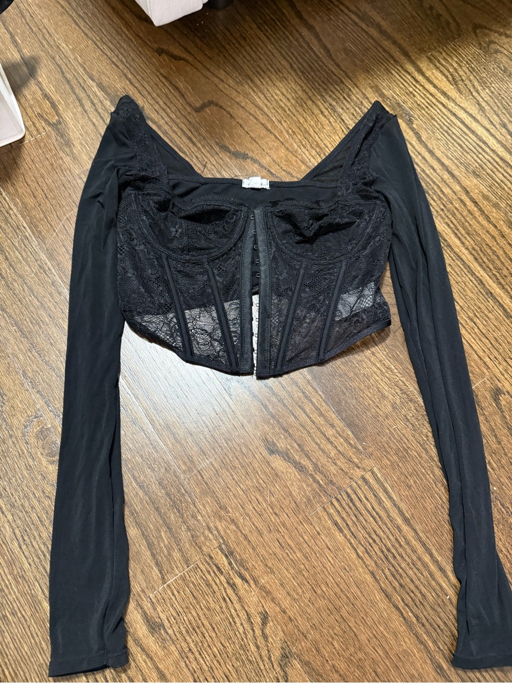 Garage Black Lace Corset-Style Long Sleeve Crop Top